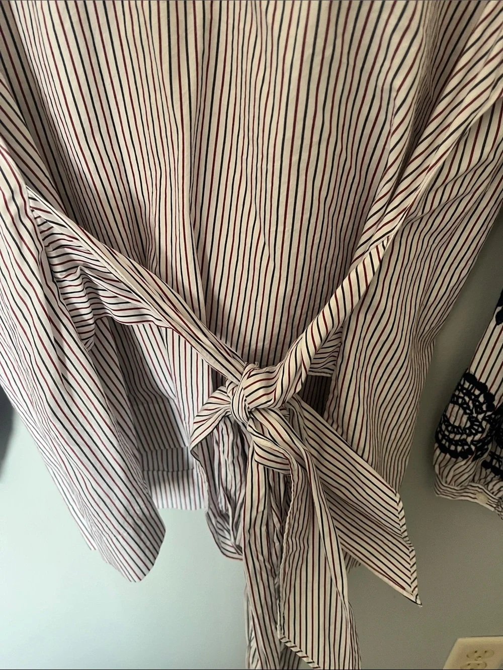 J. Crew Pink and White Striped Tie-Waist Blouse with Navy Embroidery